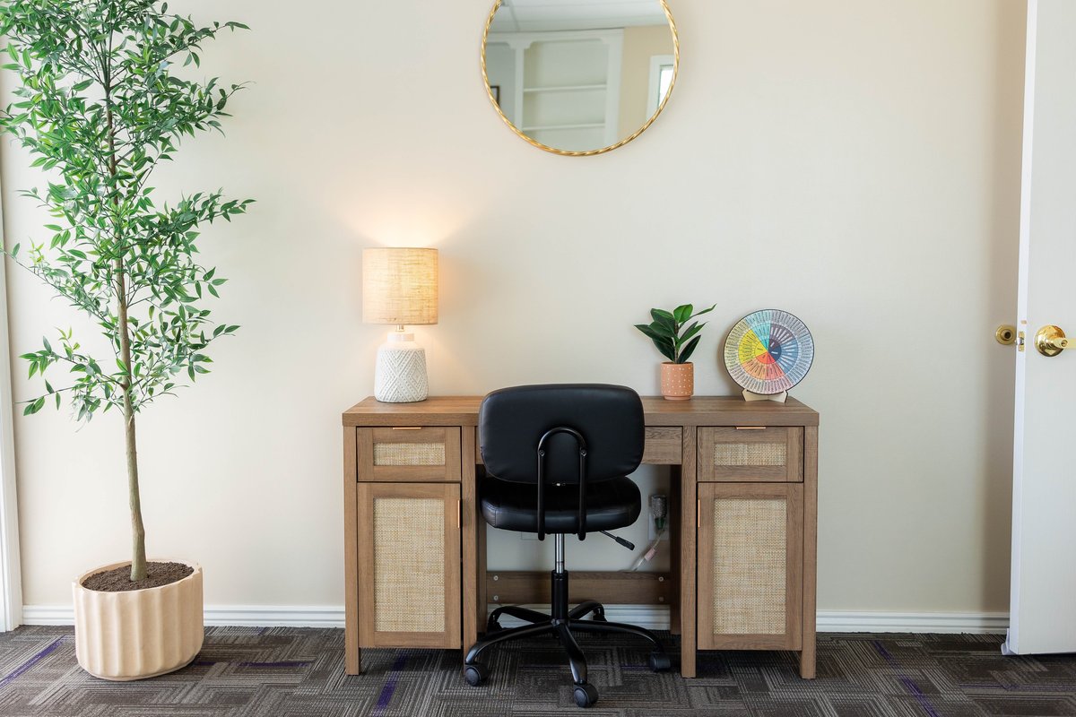 Therapy office desk with plant and emotion wheel